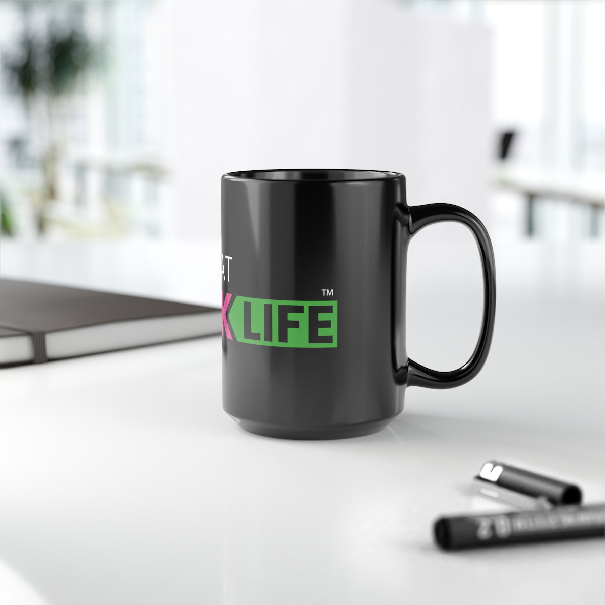 Black About That Black Life Mug, 15oz Pink and Green ATBL Logo